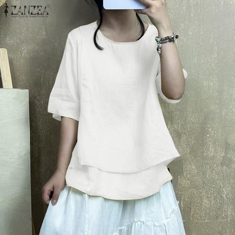 ZANZEA Женская летняя блузка с круглым вырезом, свободного кроя, с рукавом до локтя