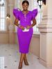 Purple Bodycon V Neck Diamonds Flying Sleeve Evening Birthday Party Dresses for Ladies