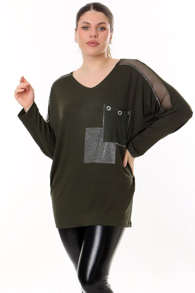 Женская блузка большого размера с v-образным вырезом, карманами и рукавами, сетчатая деталь, каменная вышивка, длинный рукав, удобная и струящаяся гибкая блузка