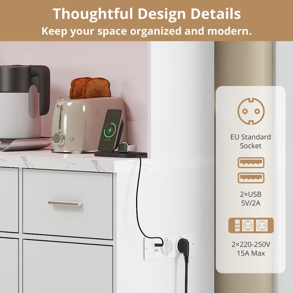 100x40x180cm, multifunctional buffet with LED lighting, APP control, drawers, adjustable shelves, cable routing holes and sockets