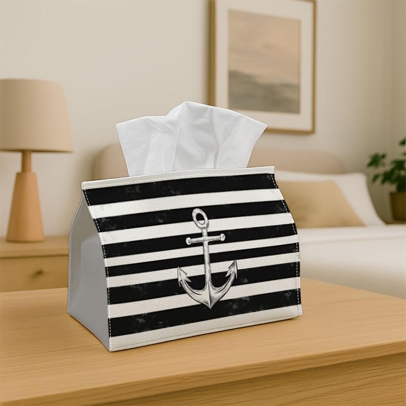 1pc Anchor Stripe Nautical Tissue Box - Multi-Functional Napkin Dispenser, Made of Durable Polyester, Decorated with Modern Marine Design, Suitable fo