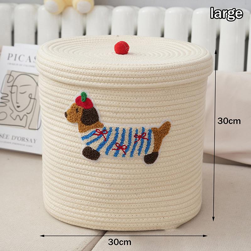 Милая корзина для хранения щенков Плетеная рама из хлопковой веревки Большая вместимость С крышкой Пылезащитное ведро для хранения Настольный пылезащитный