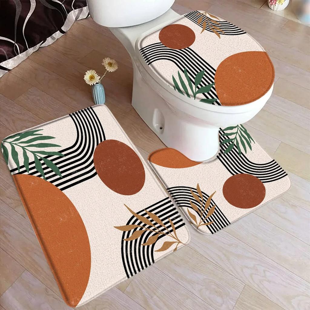 Abstract Mid Century Bath Mat Set Black Line Green Leaf Modern Geometric Boho Home Carpet Bathroom Decor Floor Rugs Toilet Cover