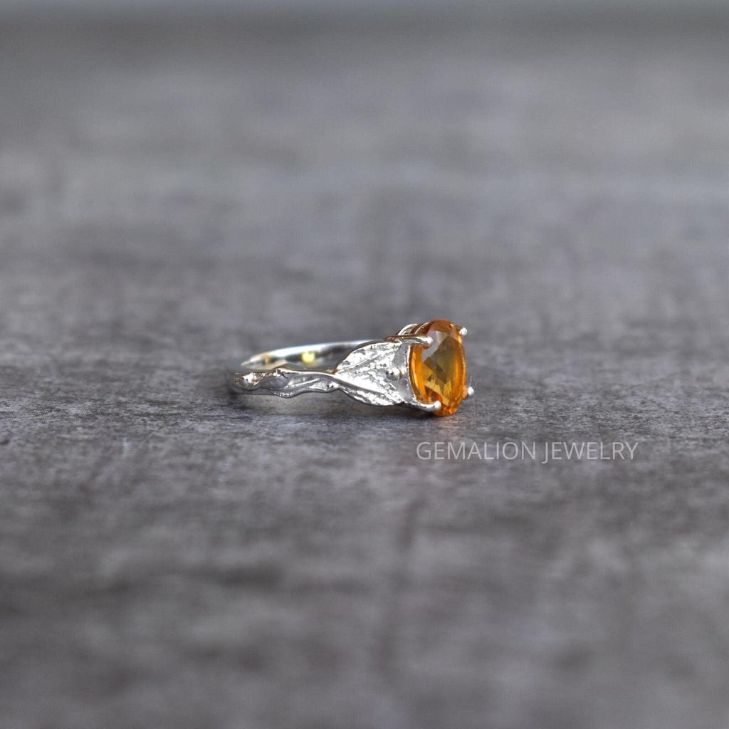 Natural halo Citrine Sterling Silver ring, alternative engagement ring, wedding ring, anniversary gift , birthstone ring, branch leaf ring