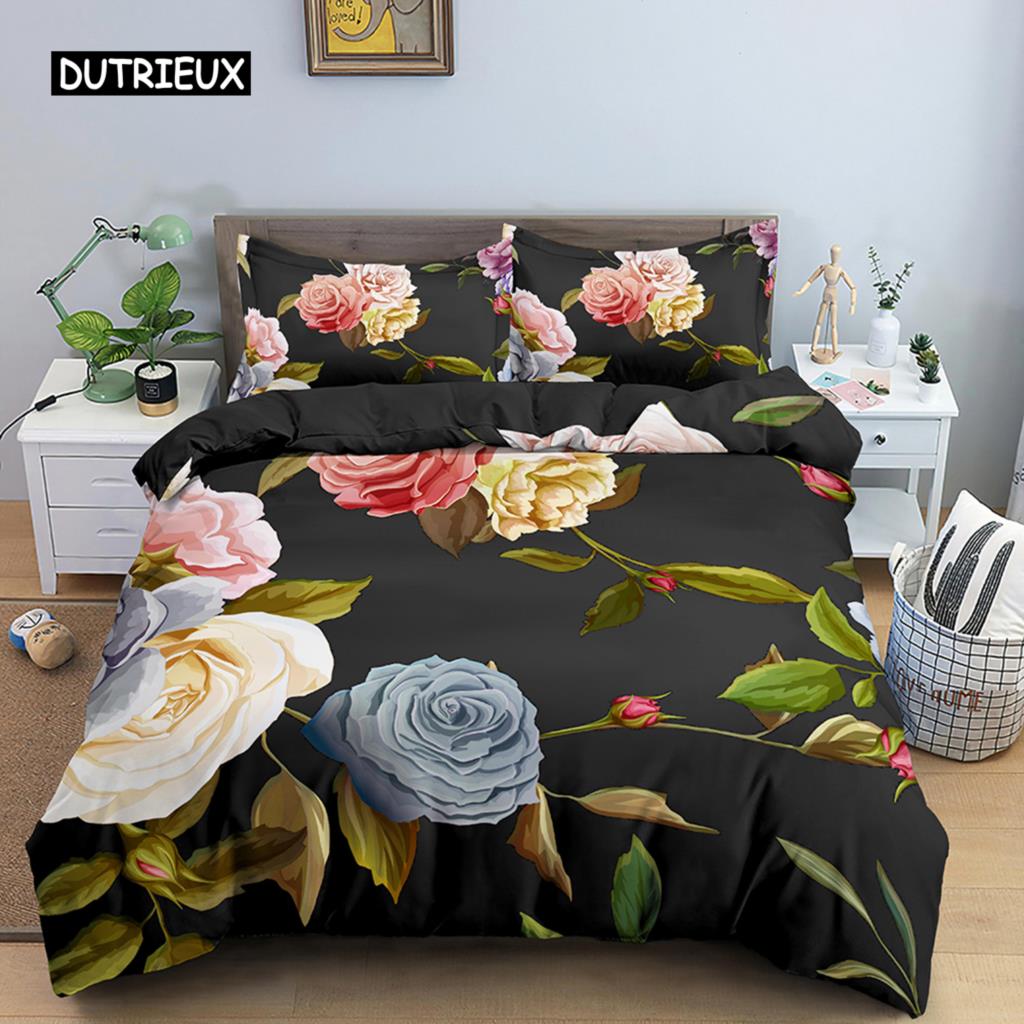 Пододеяльник с цветами King Queen, 3D-цветной цветочный принт, комплект постельного белья из полиэстера для подростков, взрослых, женщин, мягкий пододеяльник с листьями