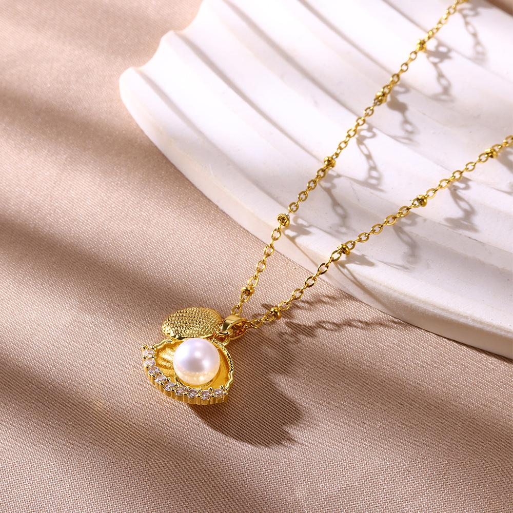 Zircon Shell Necklace For Women Gold Color Imitation Pearl Seashell Pendant Necklaces Aesthetic Wedding Jewelry Gift
