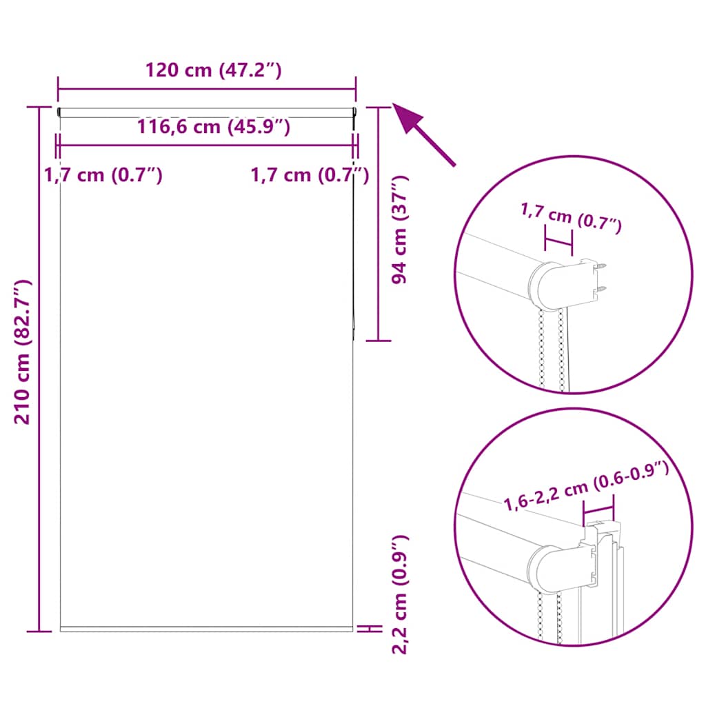 Black Blackout Roller Blind 120x210 cm Fabric Width 116.6 cm