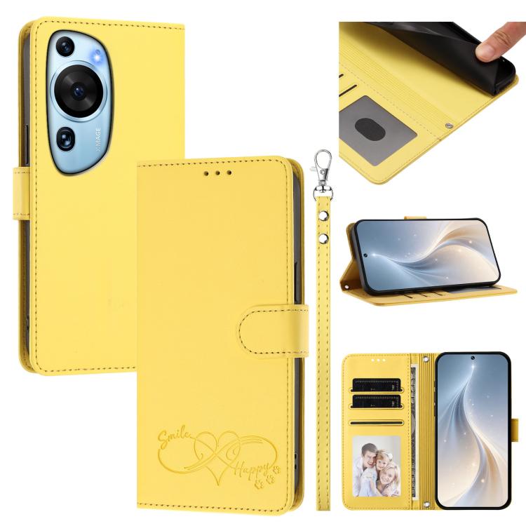 Happy Heart Pattern Magnetic Closure Vegan Leather Phone Case with Wrist Strap For Huawei Mate 60