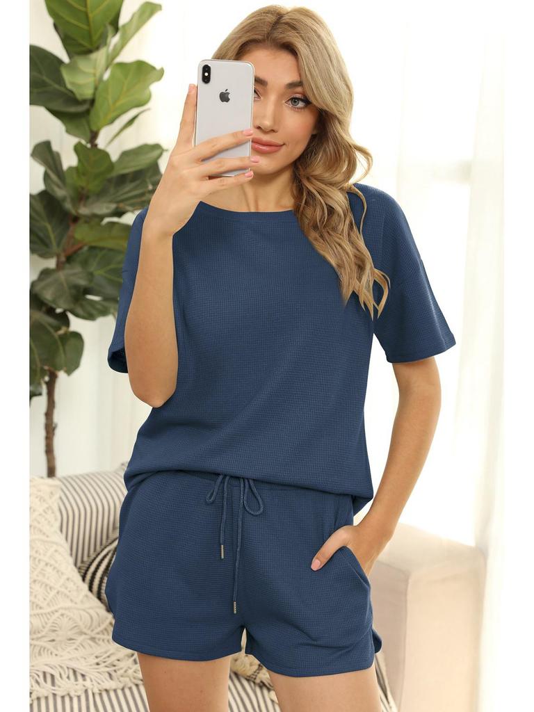 Женский повседневный трикотажный вафельный костюм-двойка 2024: Топ с коротким рукавом и шорты