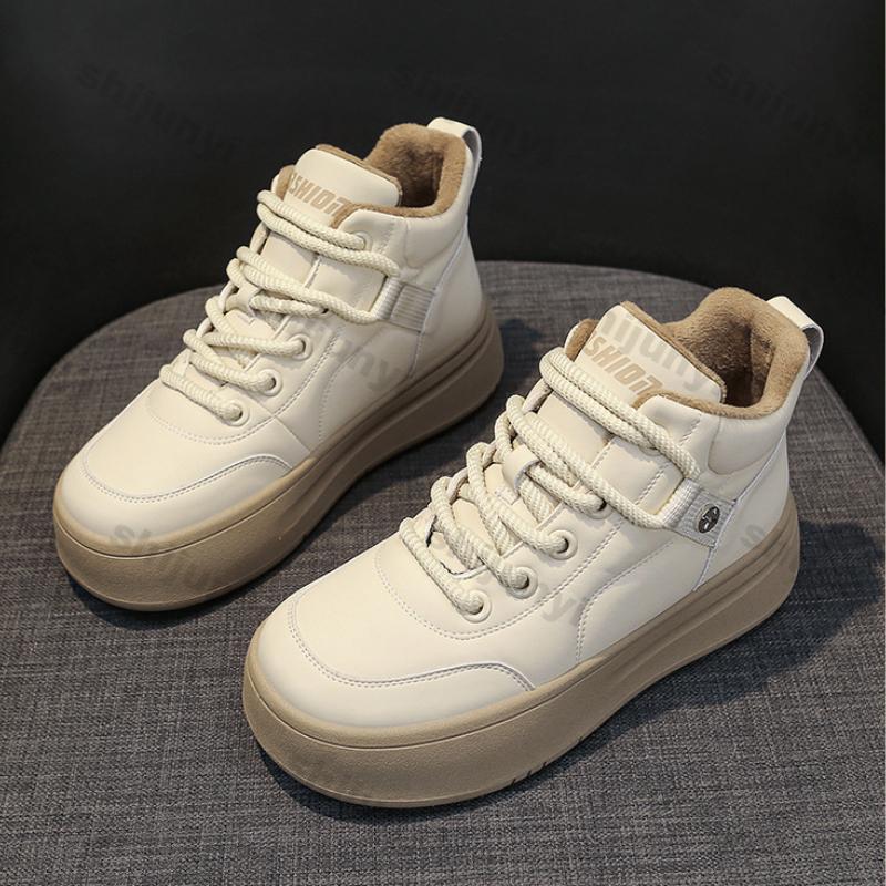 Fashion Women's High Top Vulcanized Shoes Autumn Winter Lace Up Soft Leather Plus Velvet Warm Cotton Shoes Thick Sole Leisure Sneakers