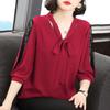 Chiffon V-Neck Pullover: Stylish, Fairy-like Mid-sleeve Shirt with Bow Tie and Lace Hem - Loose, Belly-covering Design.