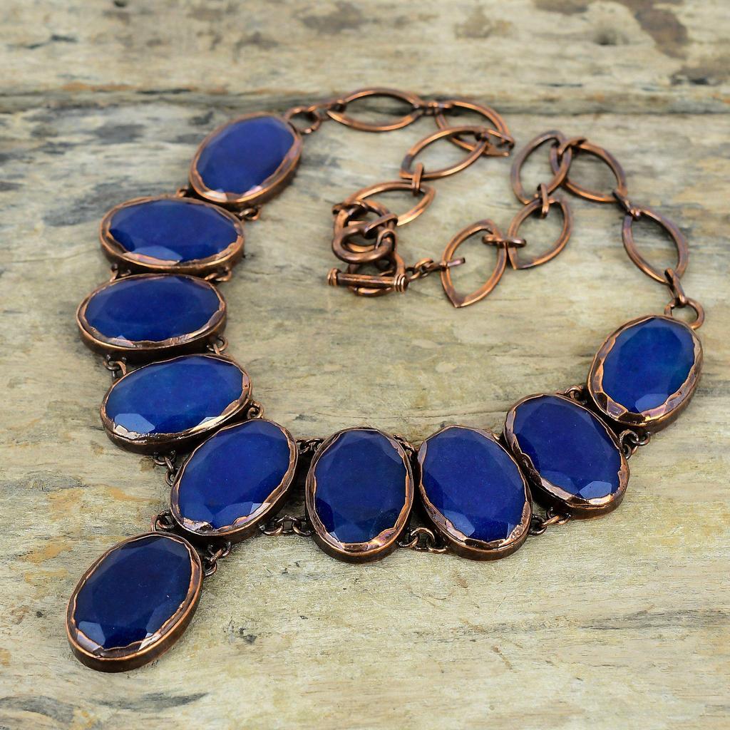 Ожерелье из граненого синего сапфира, ожерелье из электроформованной меди с регулируемой цепочкой, ожерелье из драгоценных камней ручной работы, электроформованное ювелирное изделие, подарки для нее