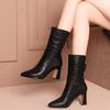 2025 Women Soft Leather Mid Calf Boots,Fashion High Heels Shoes,Pointed Toe Short Botas,Back Zip,Black,Red,Dropship