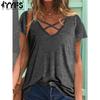Женские модные повседневные летние весенние однотонные блузки и рубашки с v-образным вырезом и короткими рукавами с принтом