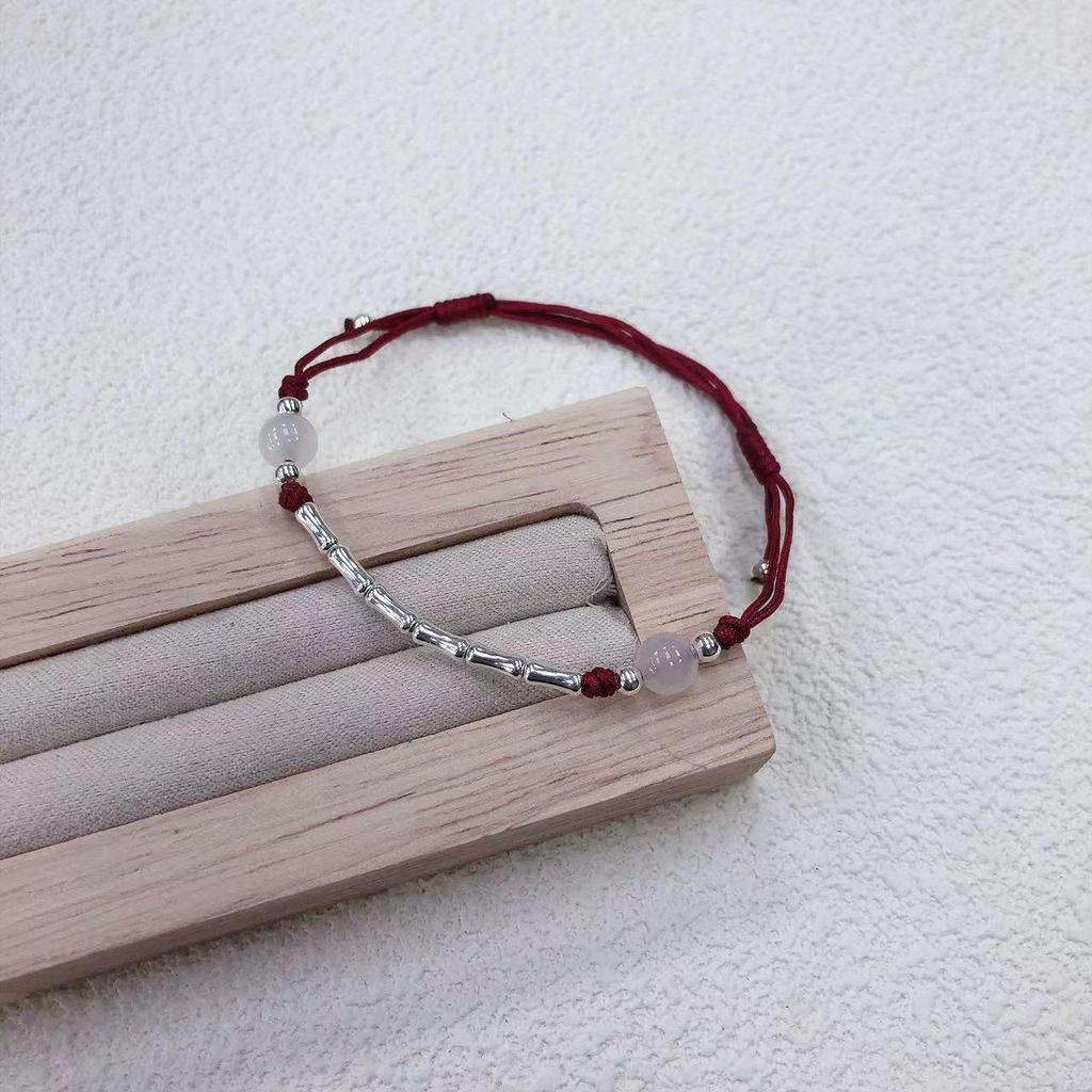 Sterling Silver S925 Bamboo Agate Red Rope Bracelet "Bamboo Joy" - Success Charm for Women In Postgraduate Entrance Exam.