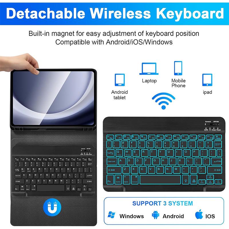 Совместимый кожаный чехол для Samsung Tab A11 с Bluetooth-клавиатурой с подсветкой и слотом для стилуса для 7 Lite / 9 Plus.
