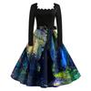 Vintage Long Sleeve Square Neck Halloween Party Dress with Printed Skirt and Waist Tie Retro Style Midi Dress for Women