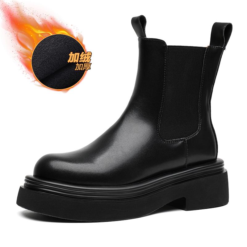FashionAutumn Winter Leather Chelsea Boots for Men Slip On Platform Shoes Men Casual Plush Warm Ankle Boots Thick Sole Motorcycle Boots