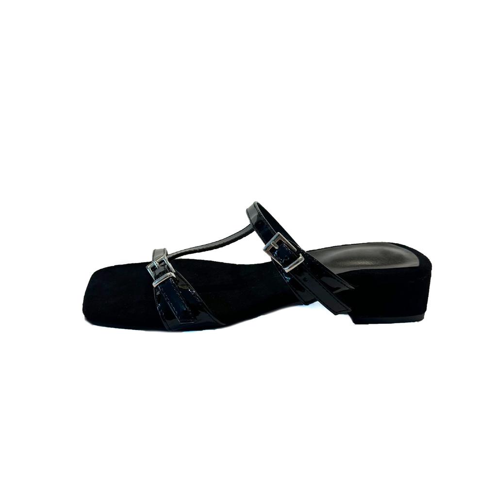 Модные женские туфли больших размеров 2025 Лето Модные Нескользящие Шлепанцы на высоком каблуке Уличные С квадратным носком Массивный каблук Ремешок с пряжкой Женские сандалии