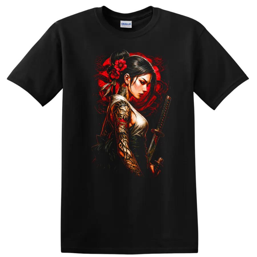 Japanese Style Samurai Woman T Shirt with Beautiful Tattoo Art Tee