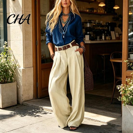 Casual Matching Sets Women Two Piece Set for Fall, V Neck Collared Shirt Anti Wrinkle Fall Outfits & Wide Leg Pants, Loose Fit Trousers Autumn