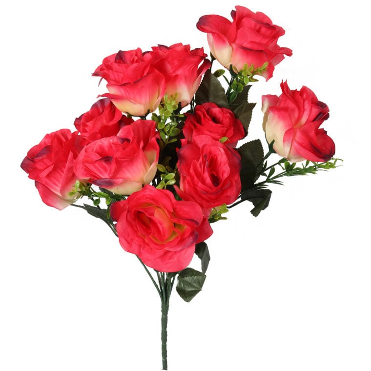 Bouquet of 8 roses with the addition of dark pink boxwood