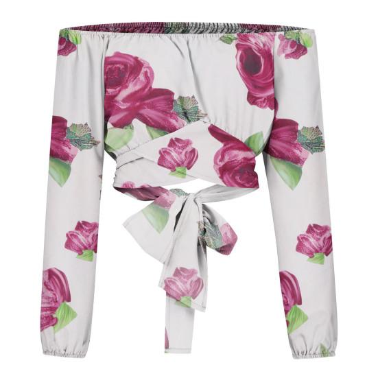 Women Top Sexy Off Shoulder Strapless Long Sleeves Butterflies Rose Flower Print Back Lace-up Slim Cropped Ladies Shirt Blouse Streetwear