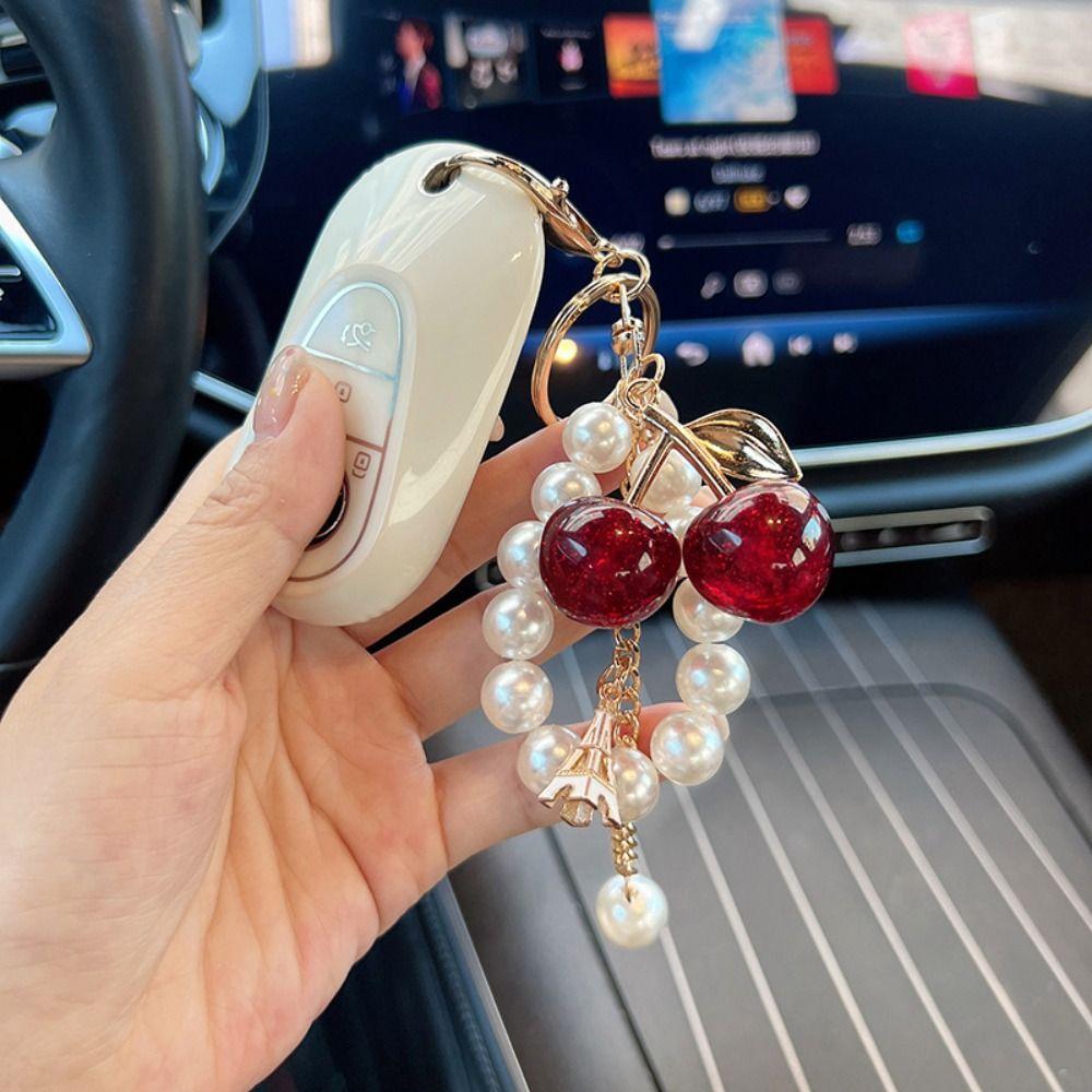 Alloy Bag Charm for Women Pendant Car Key Ring Cute Pearl Cherry Keychain Ladies Wallets