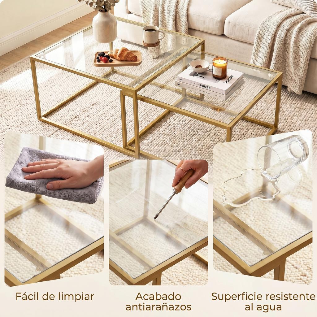 Set of 2 Square Nesting Coffee Tables, Tempered Glass Top, Metal Frame, 75 x 75 x 42 cm, Gold
