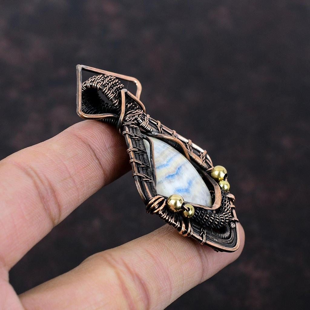Blue Scheelite Pendant Copper Wire Wrapped Gemstone Jewelry Handmade Pendant Ethnic Style Jewelry Copper Wire Wrapped Pendant Gift For Him