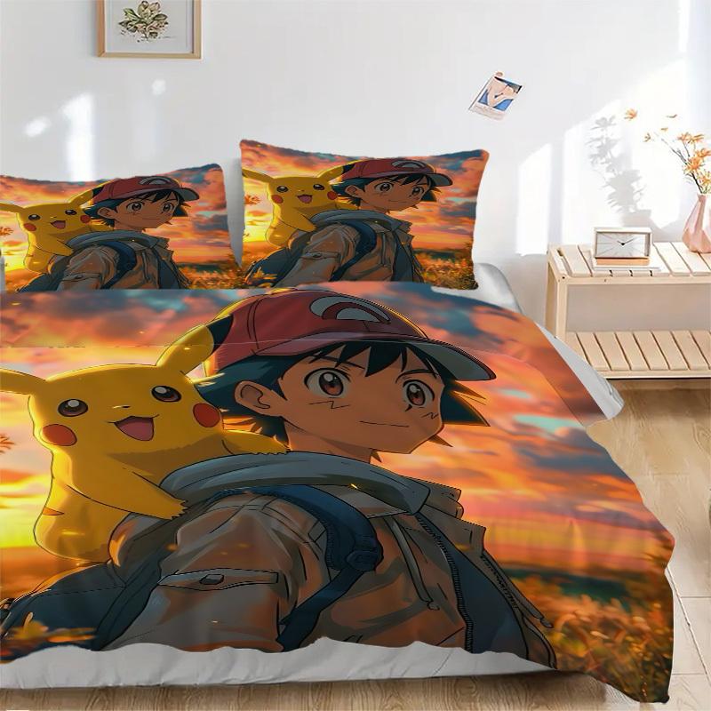3pcs bedding set Pokémon Trainer Pikachu Includes 1 Comforter + 2 Pillowcases, Without Pillow Inserts, Soft Comfortable, Lightweight Breatha