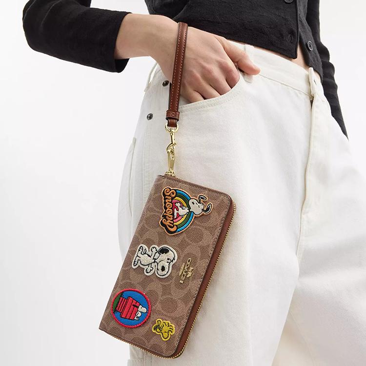 Новый кошелек COACH PEANUTS Collaboration на молнии из канвы с покрытием, с трубами, женский, рыжий CBM91-IMY3O