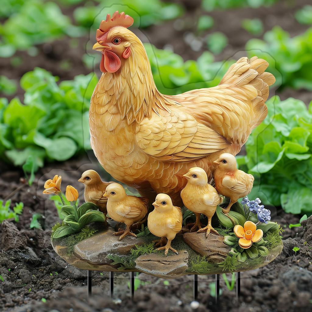 Garden Hen and Chicks Stake Yard Sign Ornament 2D Decorative Accessories for Walkway