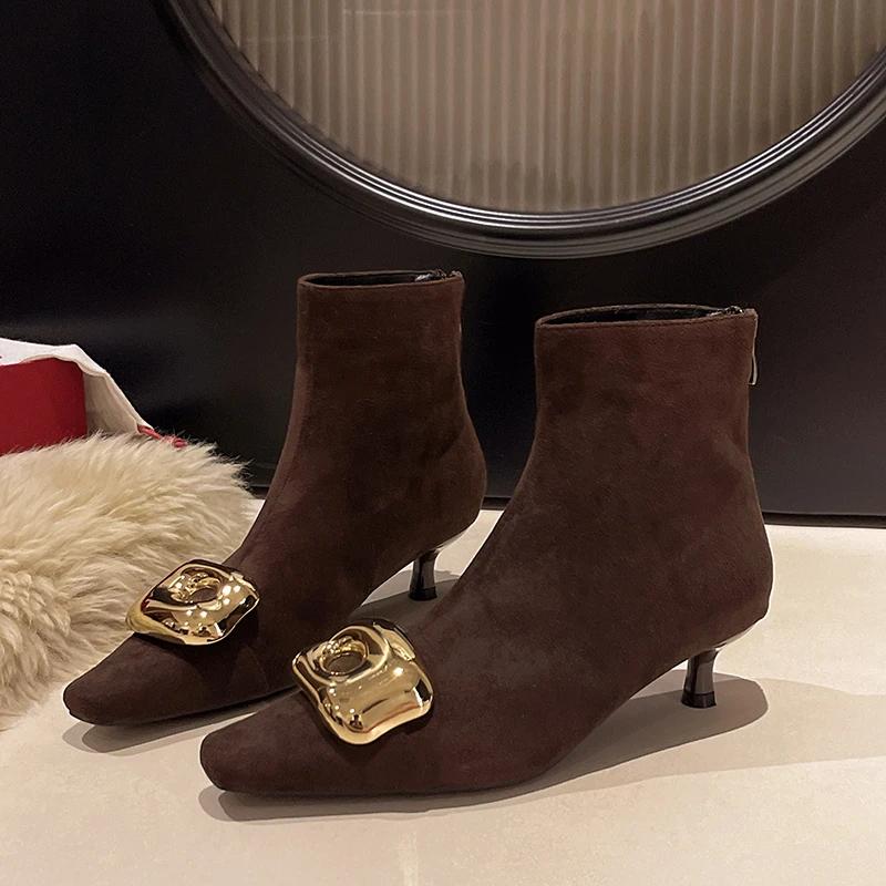 Замшевые ботильоны на высоком каблуке, женские роскошные туфли с острым носком, женская зимняя тенденция 2025 года, элегантные сексуальные туфли-лодочки, зимние туфли Chelsea Botas Mujer