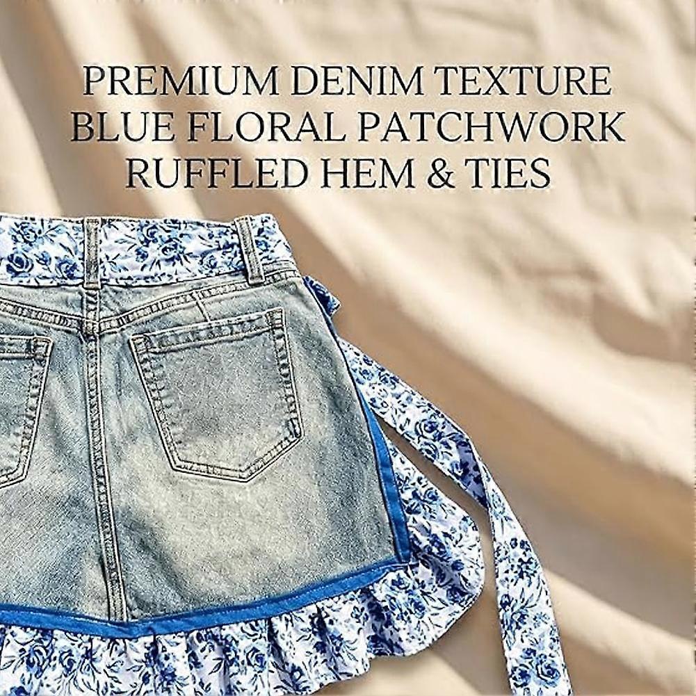 Vintage Jean Apron with Floral Lace Pockets Adjustable for Women Kitchen Gardening