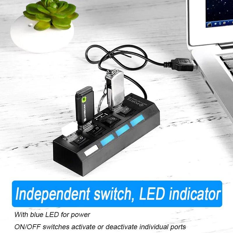 Высокоскоростной адаптер USB HUB 2.0 с 4/7 портами, расширитель, мульти-USB-сплиттер, несколько удлинителей со светодиодным переключателем лампы для ПК, ноутбука