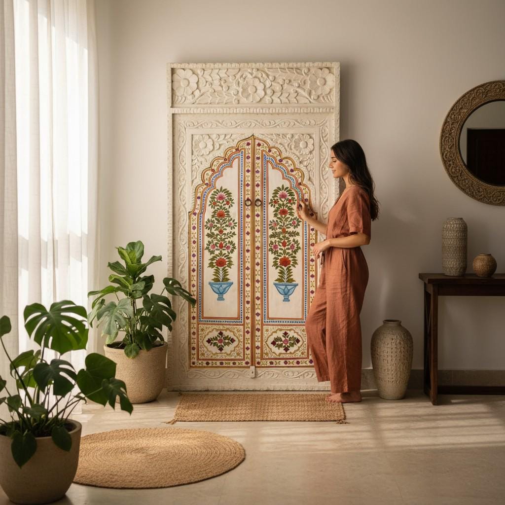 Hand-Painted Floral Wooden Wall Panel Indian Carved Faux Window Frame | Wall Style Jharokha Wall Art - 130 x 70 cm-Bedroom Decor Door Window