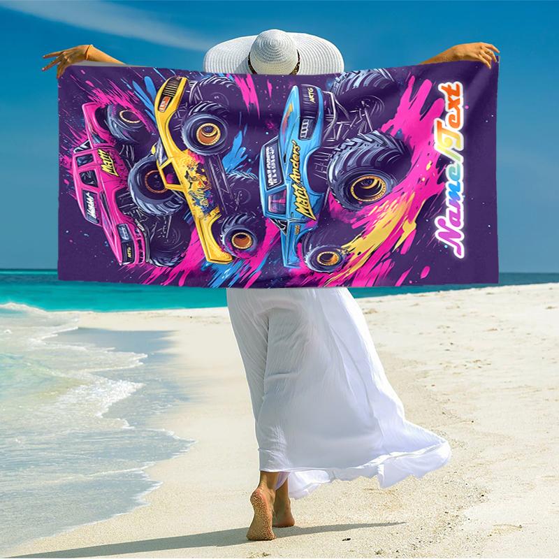 1PC Custom Name Monster Truck Adventure Beach Towel Highly Absorbent And Sand-Resistant Towel for Swimming, Pool, Yoga, And Travel Lightweight