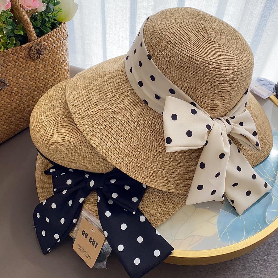 Big Edge Straw Hat Polka Dot Long Bow Hat Women's Summer Sun Hat Seaside Travel Sun Hat Big Eaves Bucket Hat