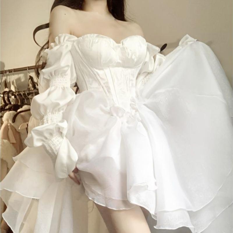 Белое элегантное вечернее мини-платье для женщин с открытыми плечами, французское винтажное пляжное платье, женское шифоновое корейское платье для выпускного, лето 2023