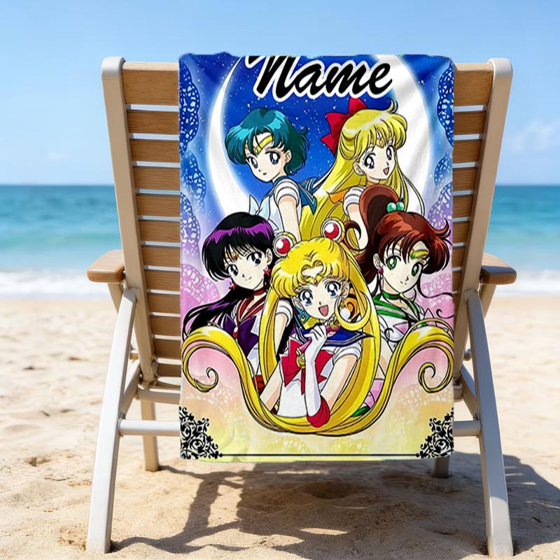 1pc Sailor Moon 2 Beach Towel with Custom Name, Beach/Swimming/Bath/Picnic/Camping Towel, Suitable for Seaside Beaches