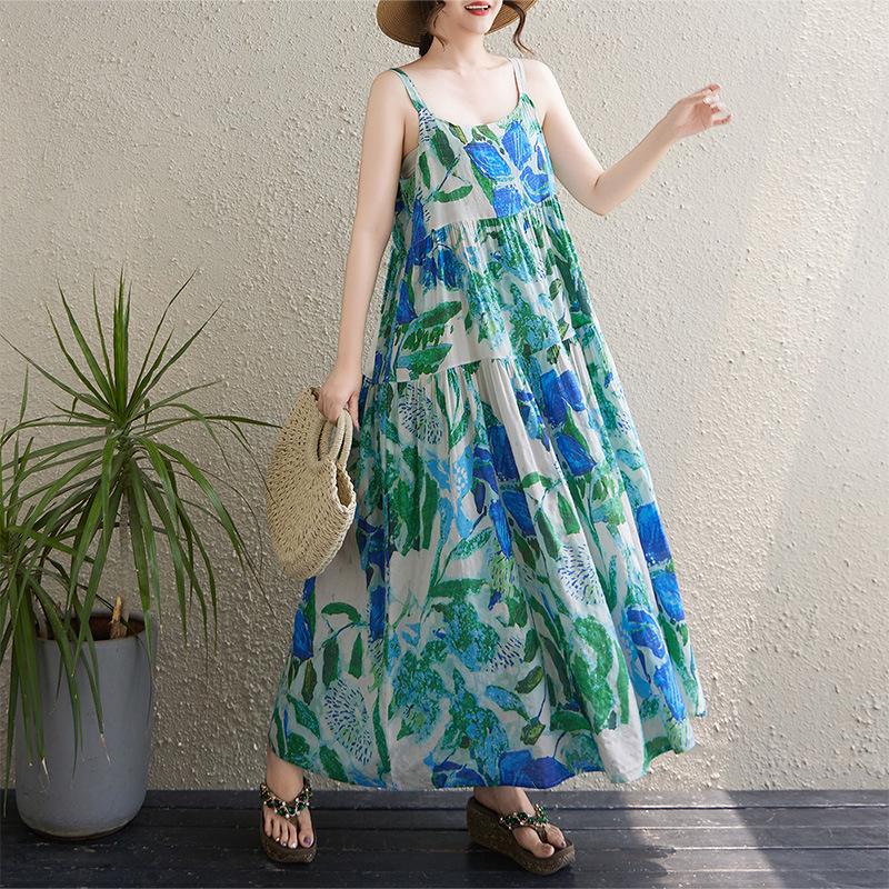 Летнее хлопково-льняное платье-пэчворк 2025 года, удлиненное, с корректирующим свободным кроем и широким подолом