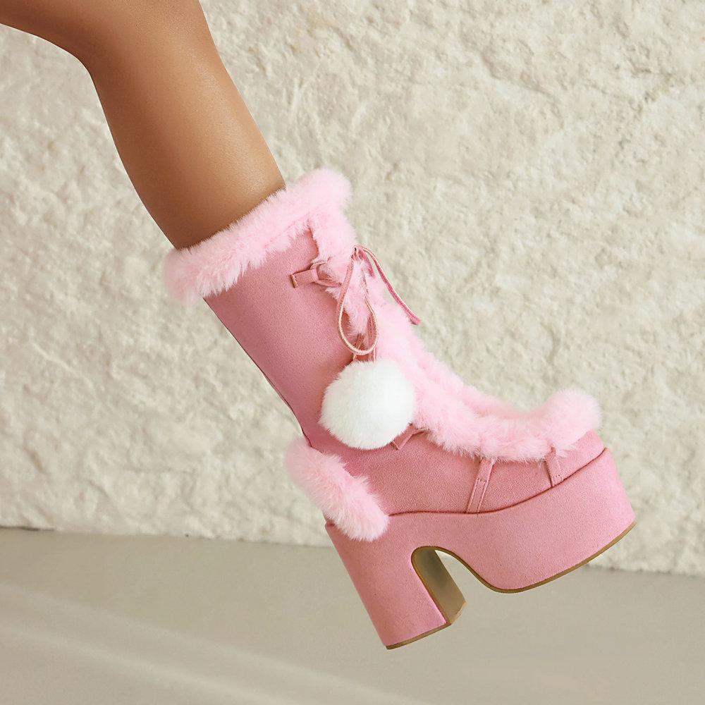 Lovely Lolita Mid-Calf Boots Women's Platform Thick Heels Sweet White Show Party Cosplay Ladies Fur Zipper Boots Pom-pom Pendant