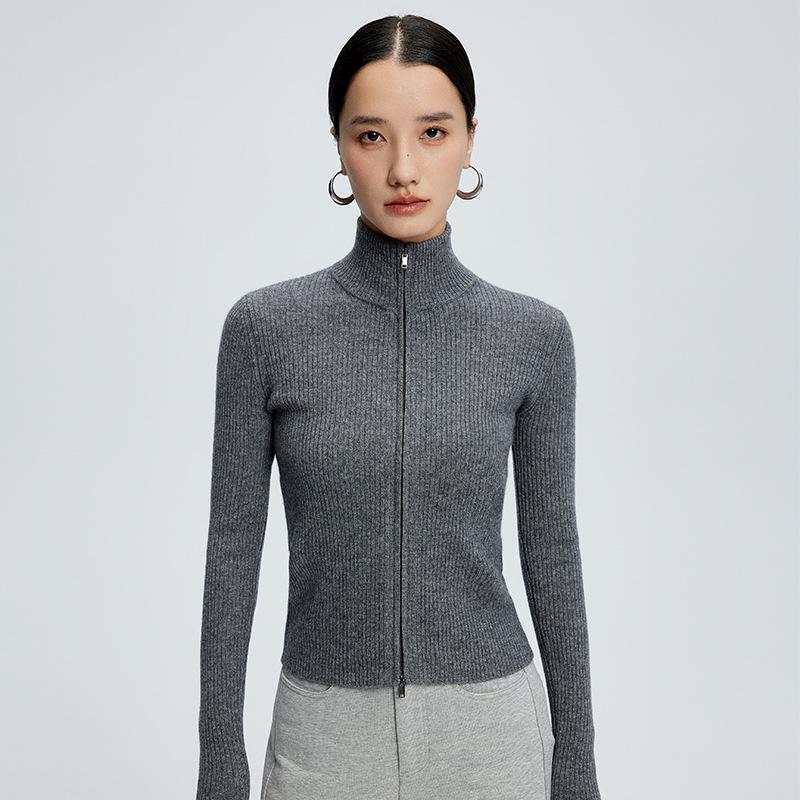 Women's Cashmere Zipper Cardigan: 2024 Autumn/Winter Slim Fit Ribbed Sweater