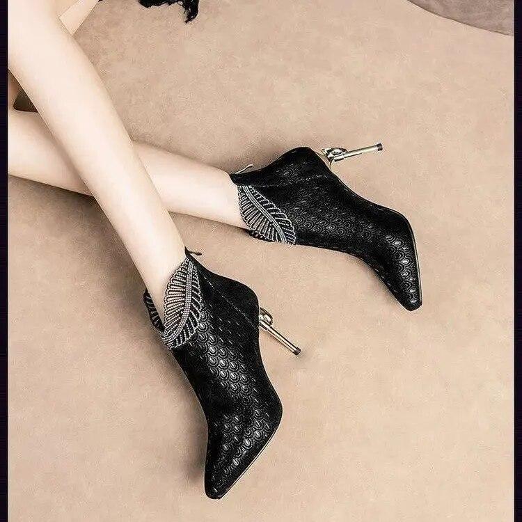 Embossed Leather Boots Woman Ankle Boots Plating Heel Rhinestone Women's Winter Shoes Female Footware