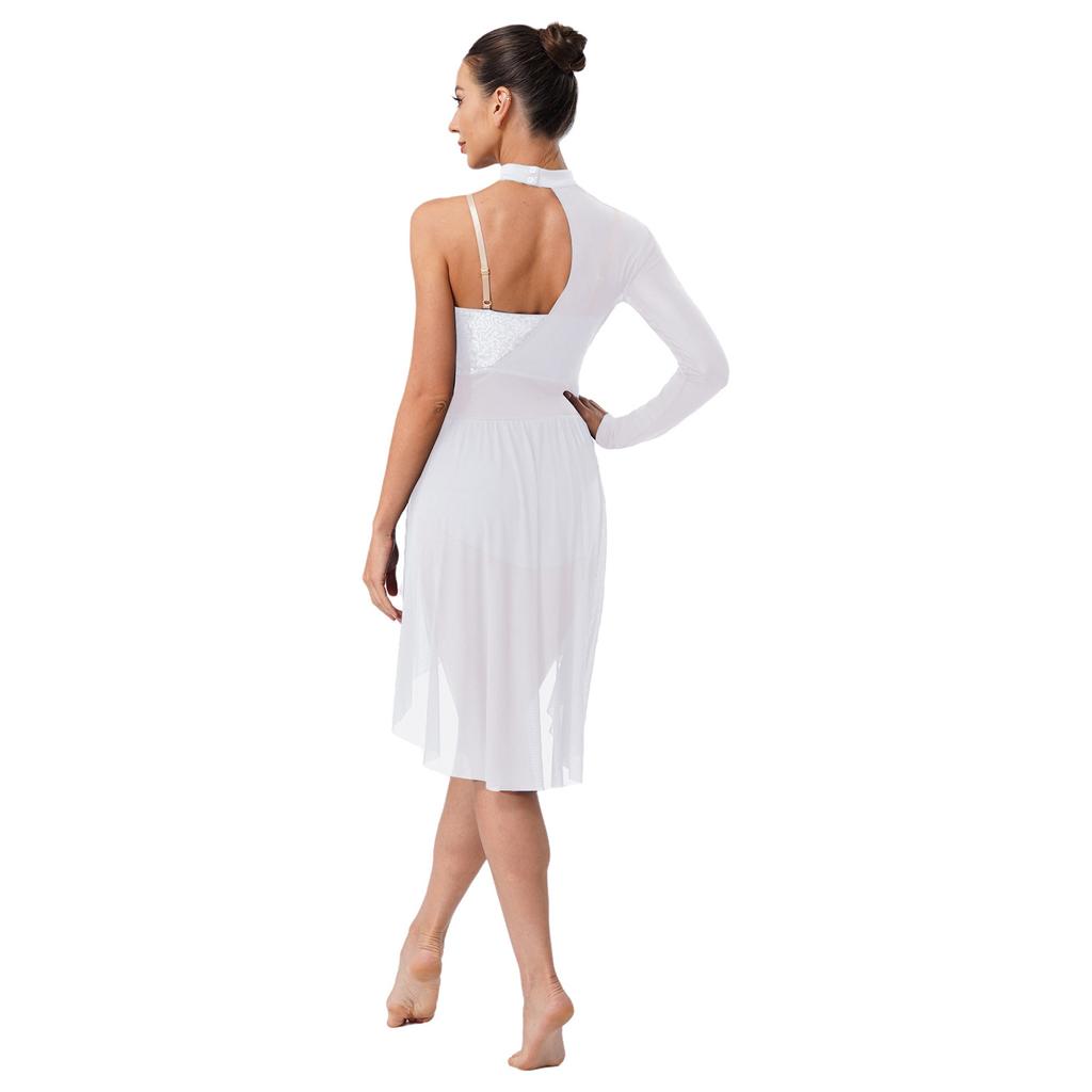 Женский лирический костюм для танца Водолазка Регулируемые бретели-спагетти На одно плечо Один рукав Леотард с пайетками