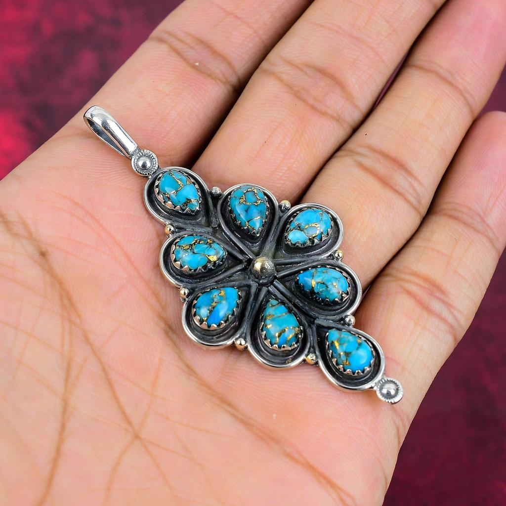 Голубой медный бирюзовый кулон ручной работы с драгоценными камнями, 925 пробы серебряный кулон, старинные ювелирные изделия, для подарка на помолвку