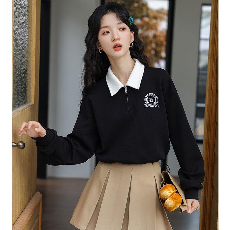 Женский пуловер с вышивкой в стиле ретро, с поло-воротником и застежкой-молнией до половины - Длинный рукав, Весна/Осень 2025