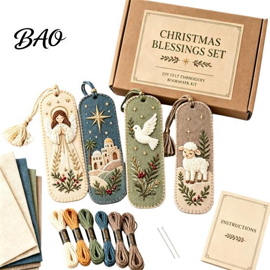 Retro Christmas Pattern Ornaments DIY Felt Embroidery Bookmark Kit, Woodland Animal Pet Craft Beginner Friendly Sewing Crafts Holiday Themed