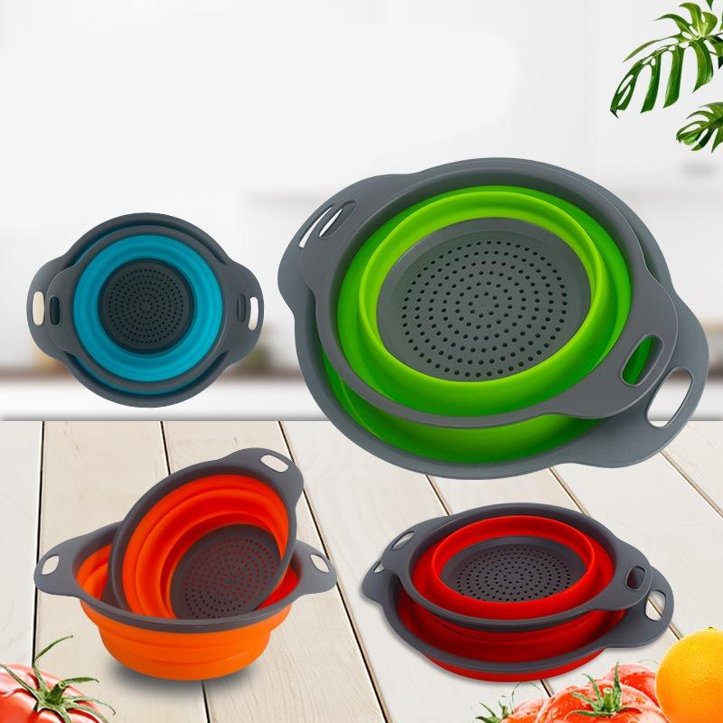 2 Pieces Silicone Strainer Foldable Colander Filter Drain Washing Drain Basket Collapsible Colander Set